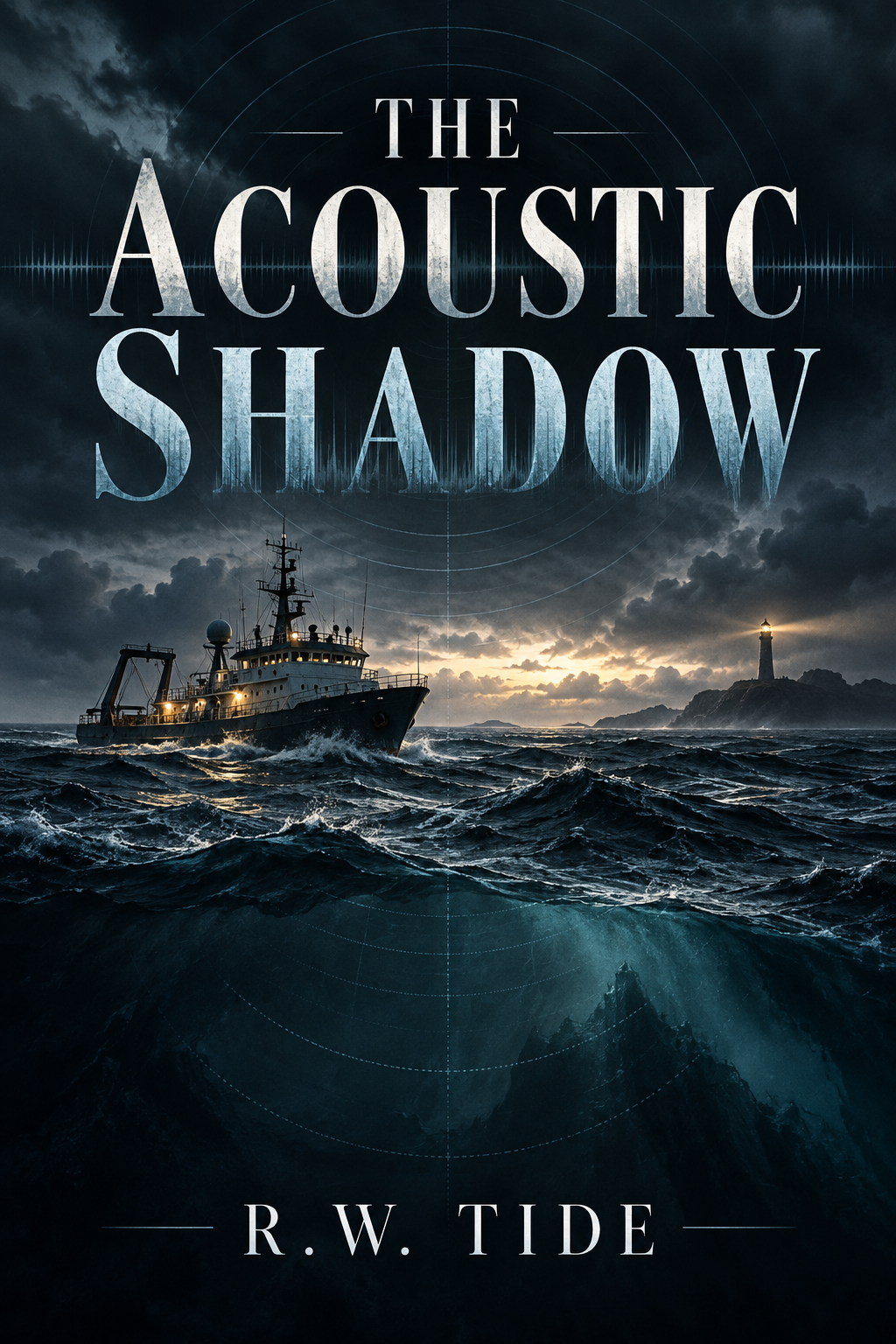 The Acoustic Shadow by R.W. Tide. Cover showing a research ship beneath storm clouds, with sonar rings and a dark sea.